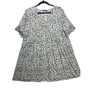 Heimish USA Womens 3XL White‎ Black Speckled Babydoll Tunic Ruffle Sleeve ET6220